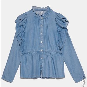 SOLD! NWT Zara Denim top with Ruffles TRF